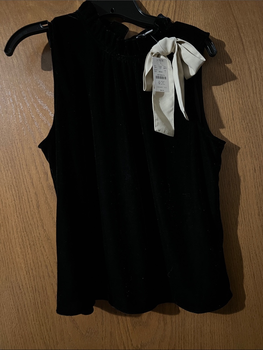 J. Crew Black Velvet Sleeveless Top with Cream Neck Bow